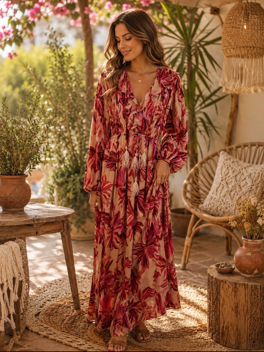 FARM Rio Pink and orange Floral Ruffle tapestry Maxi Dress size small